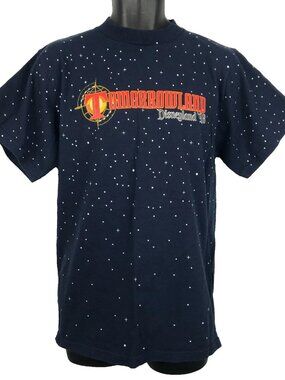 Vintage 90s Mickey Inc T-shirt Size M Navy Blue AOP Disneyland Tomorrowland